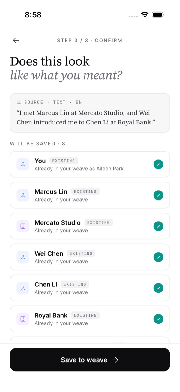 Capture confirmation — extracted people and connections, laid out to keep or drop