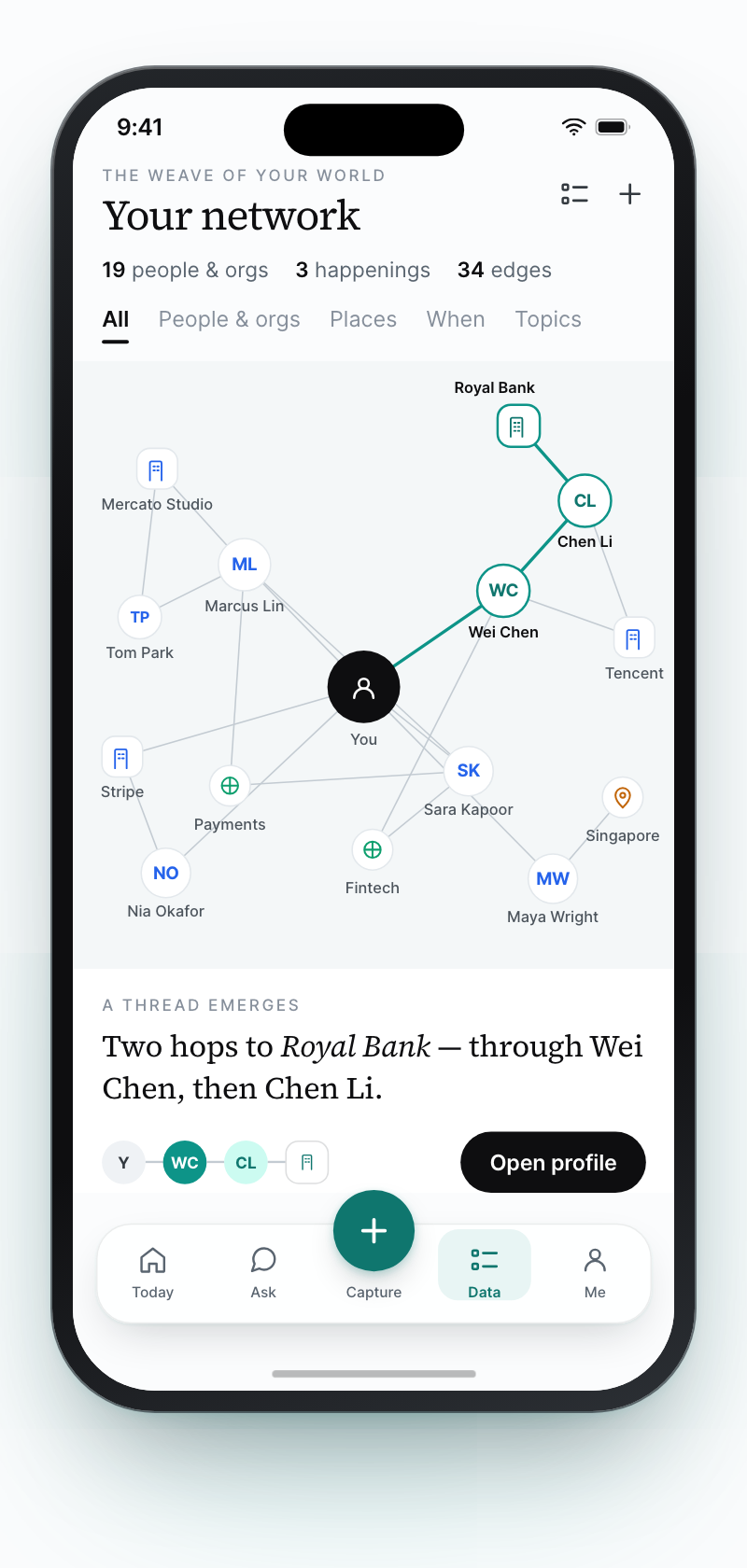 Coneker's force-directed map of a personal network, with people, organizations and places drawn as connected nodes.