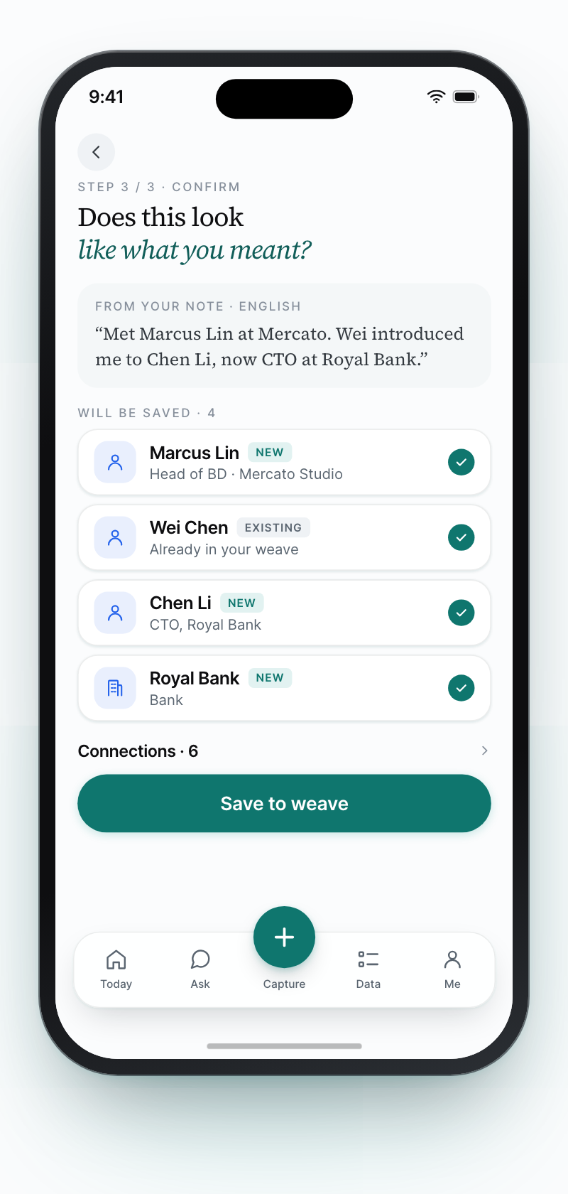 Coneker's confirm screen listing four extracted records — two new people, one already known, one organization — each with a checkmark, above a Save to weave button.