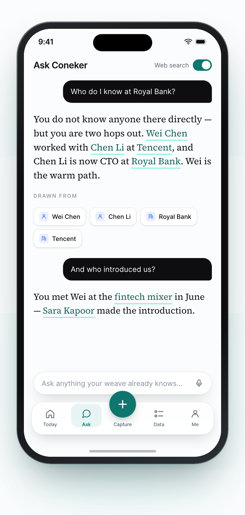 Coneker's Ask screen answering “Who do I know at Royal Bank?” with a two-hop path through Wei Chen, and the four records the answer was drawn from.